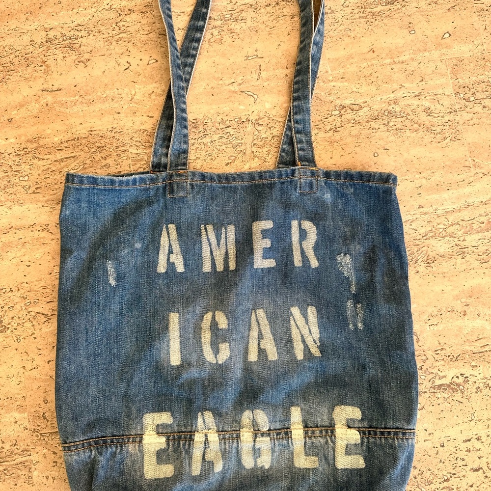 American Eagle Blue Denim Tote with Tan Patch